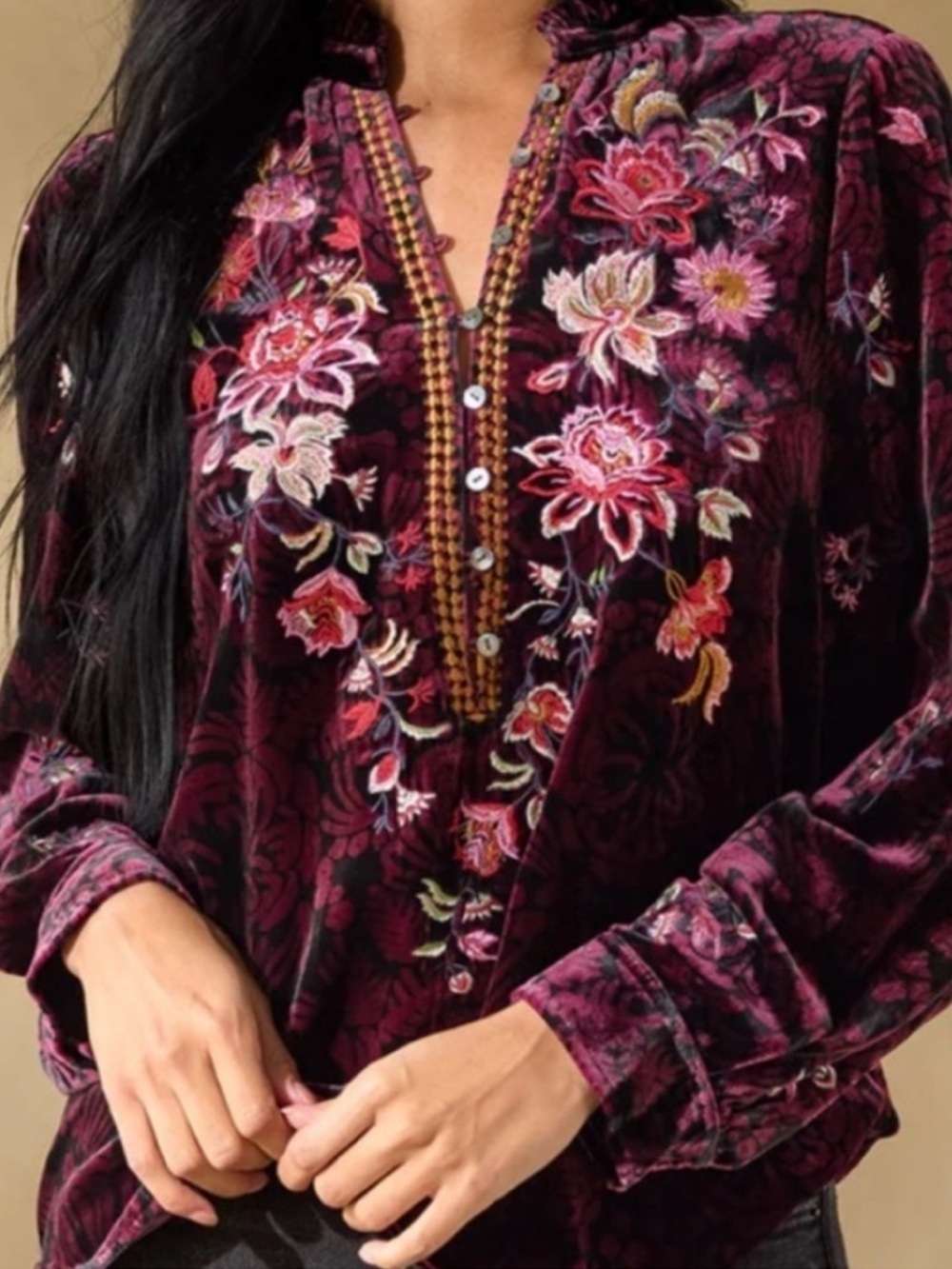 NWT Sundance Elisabeth Whimsigoth Velvet Dark Floral Embroidered Blouse Sz SX - Picture 3 of 14